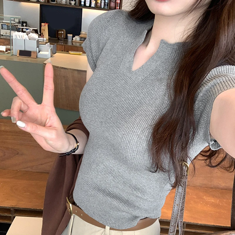 

Summer Short Sleeve Lapel Top Straight Shoulder Short Sleeve Sheath T-shirt Women Casual V-neck Plain Tops