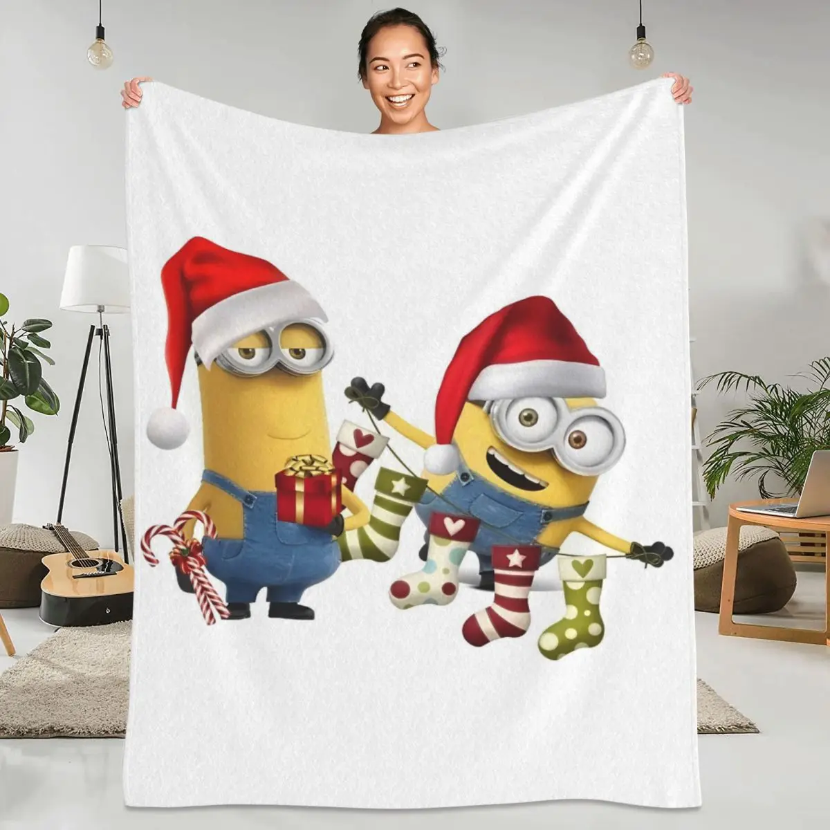 Christmas Cute Minions Cartoon Blankets Yellow Big Eyes Office Flannel Throw Blanket For Chair Super Warm Bedspread Gift Idea