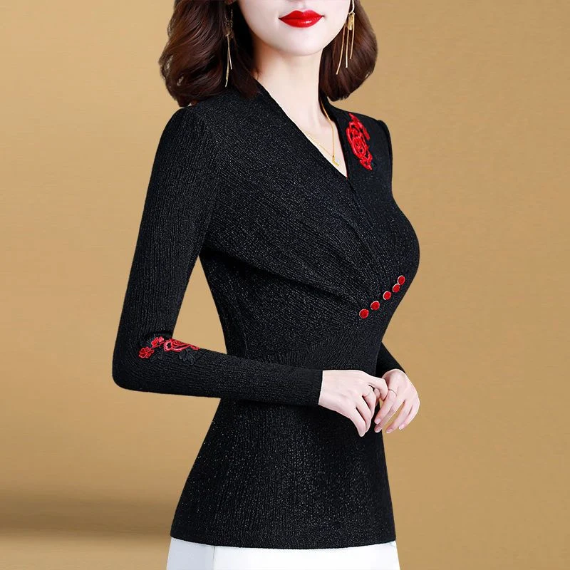 Autumn Winter Vintage Embroidery Flower Ruched Elegant Office Ladies Plush Basic Tops Women Black Sexy Long Sleeve Slim T-shirts