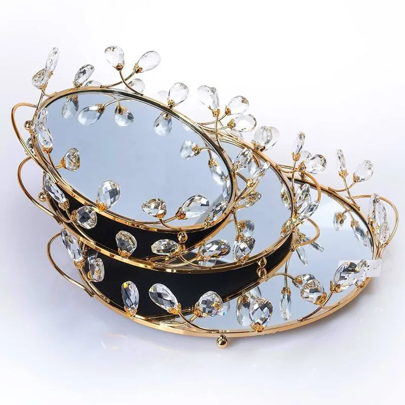 Crystal Mirror Tray with Iron Floral Inlay Decorative Storage Plate for Aromatherapy Candle Cosmetics