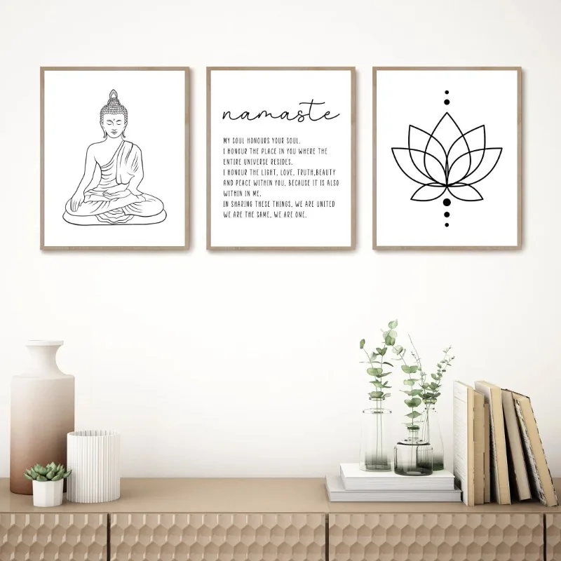 Impressão de arte de parede de Yoga, arte de linha de lótus de Buda, pôster Zen de meditação, pintura em tela, imagem de arte
