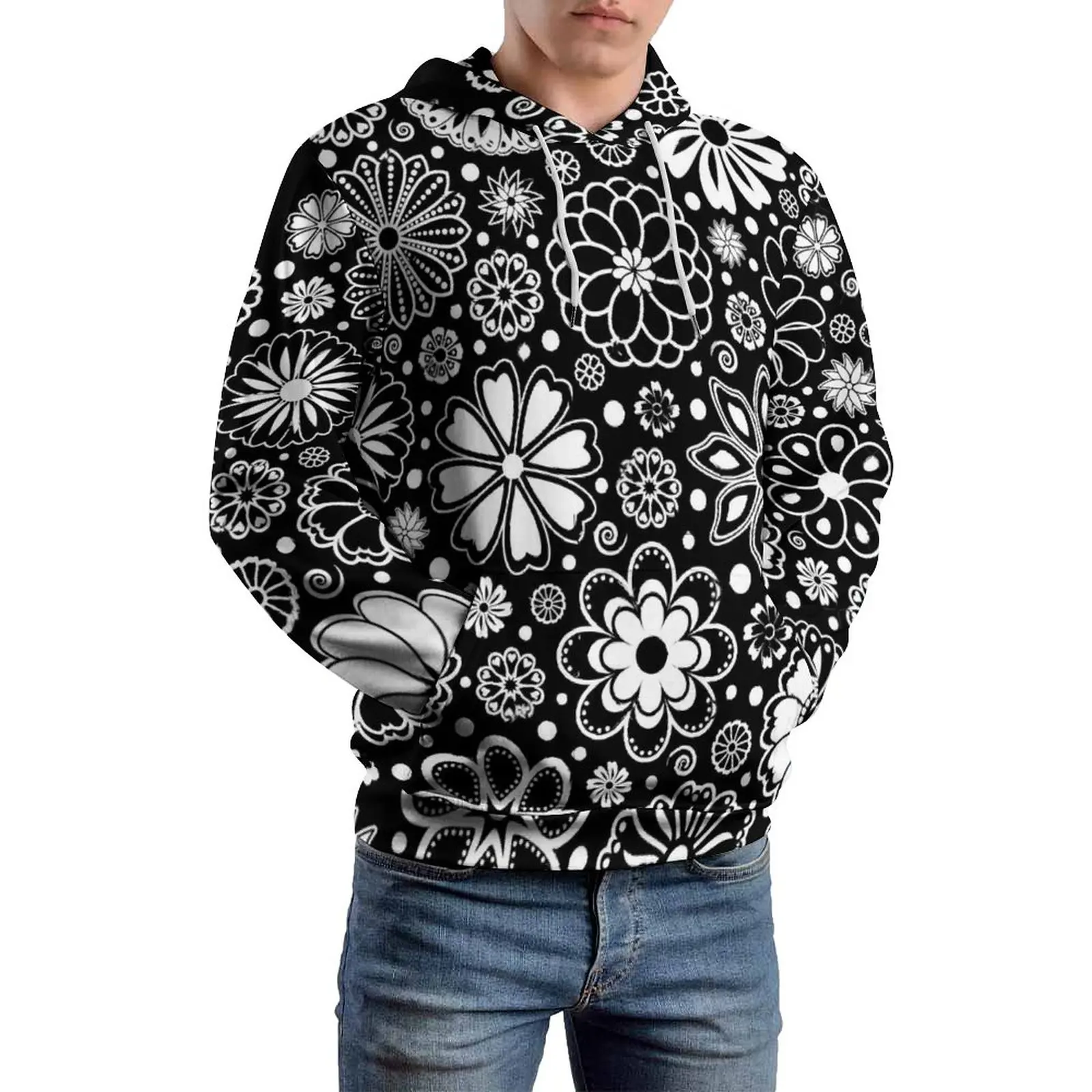 

Свободные худи с цветочным рисунком, черный и белый классический пуловер с цветочным рисунком, толстовка с капюшоном с длинным рукавом, мужские свитшоты с графическим рисунком