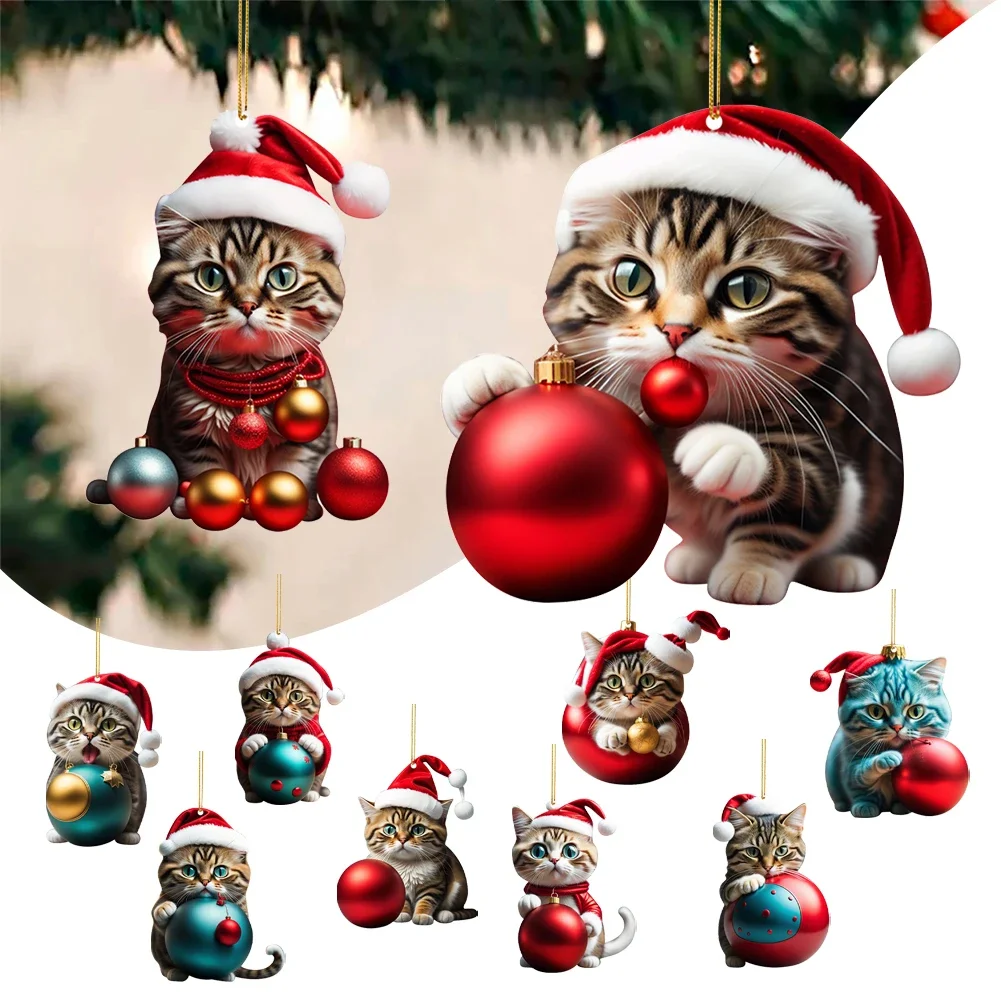 Gato bonito dos desenhos animados pendurado ornamentos, presente da decoração do Natal, árvore pingente personalizado, suprimentos do partido, 2024