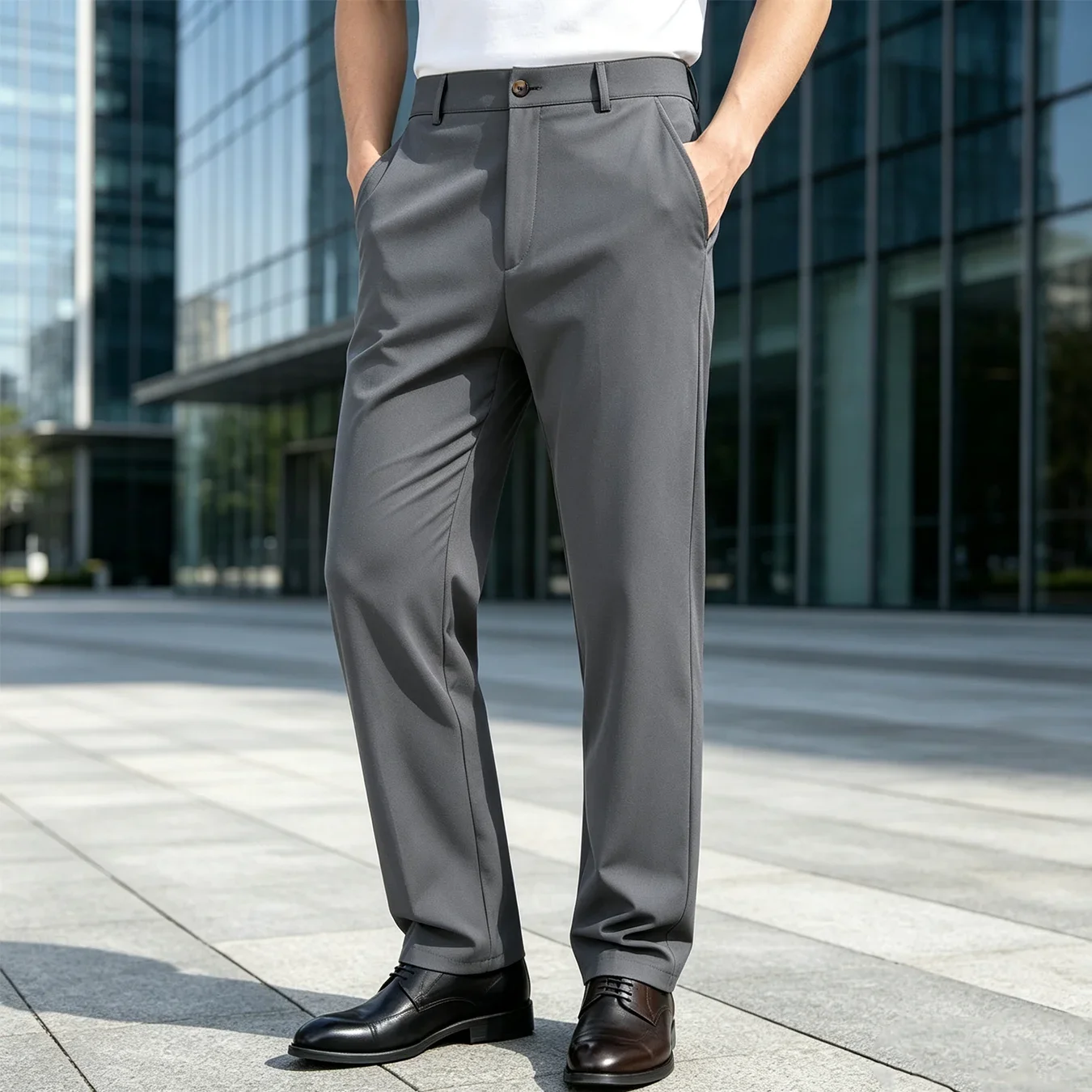 Mens Flat Front Straight Leg Pants Smooth Drape Trousers Side Pockets Work Office Casual Daily Wear