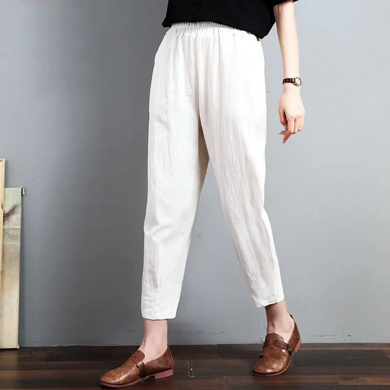 Pantalones informales de pierna recta holgados de lino y algodón para mujer, pantalones Harlan finos de verano para mamá, pantalones de calle cómodos y transpirables de talla grande