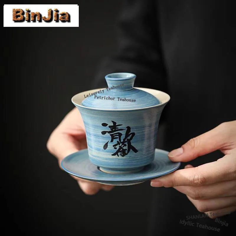 180ml Handwritten Powder Yin Brush Gaiwan Ancient Hand-painted Calligraphy Tea Tureen Tea Making Cover Bowl Tableware Collection