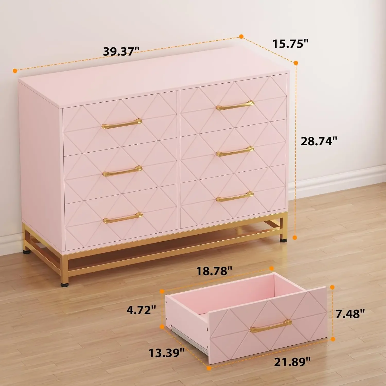 Pink Wood Dresser for Closet, TV Stand, Morden Chest of Drawers for Bedroom, Living Room, Hallway, Nursery