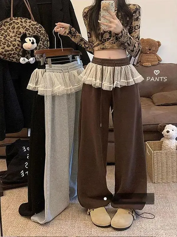 

plus Size Casual Lace Hem Pants Women's High Waist Wide Leg Floor Length Trousers Autumn Winter Loose Fit Comfortable Pants