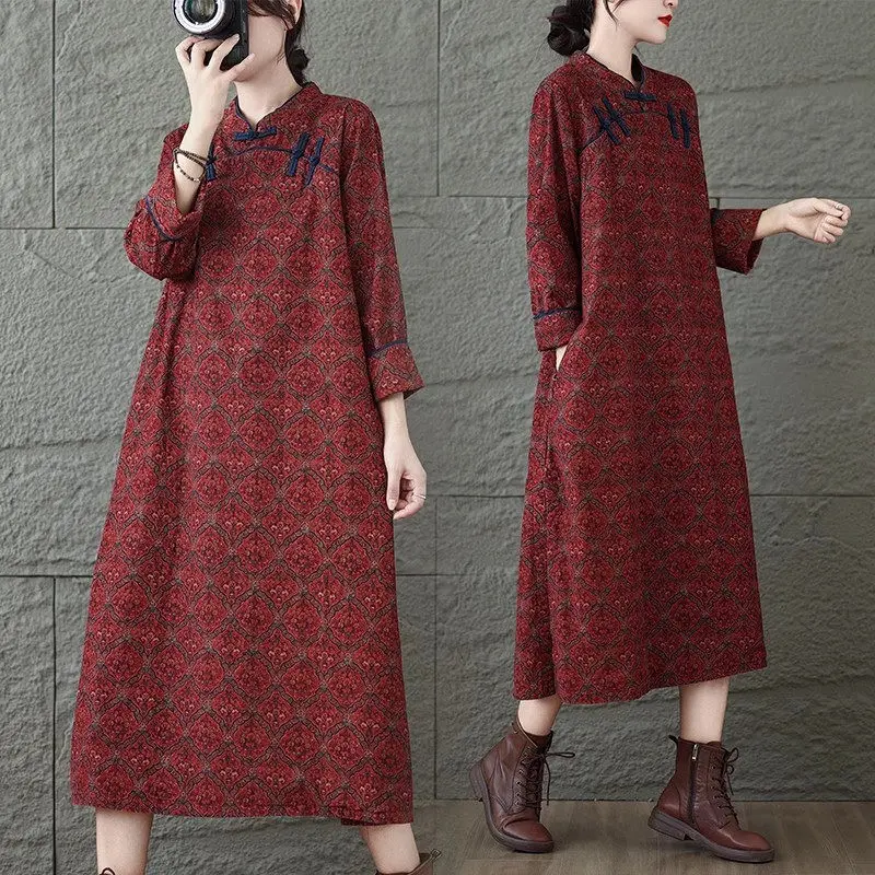 

Ethnic Style Dress Women's Literature Art Retro Autumn Winter Chinese Classic Button Print Loose Corduroy Cheongsam Dress k2608