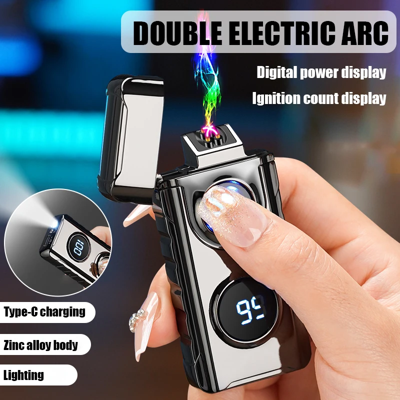 

Dual Arc Lighter Type-C Rechargeable Metal Body, Digital Power Display, Ignition Count with Light, Plasma Man Gadgets