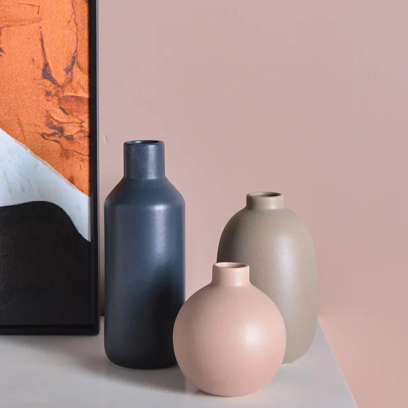 Set of 3 Minimalist Morandi Ceramic Vases Matte Dried Flower Holder for Living Room Shelf Decor
