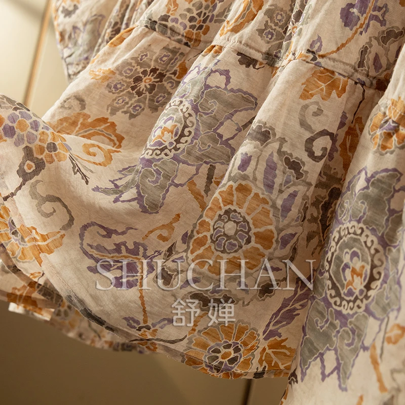 New Flower High Quality 100 Ramie Patchwork Pleated Seven-quarter Sleeve Shirt  Women 9W42