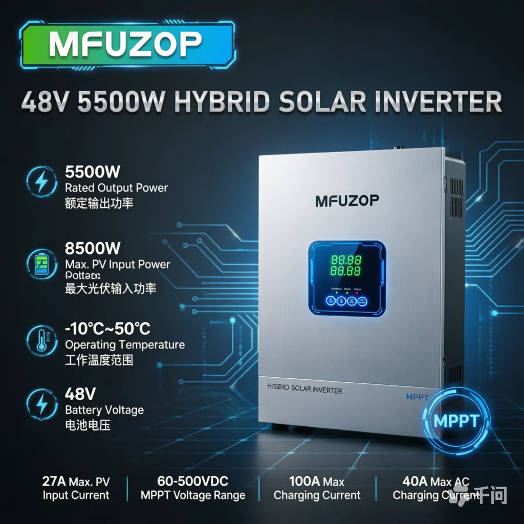 MFUZOP 48V 5500W Hybrid Solar Inverter Pure Sine Wave 100A MPPT Charger Off Grid Power System for Home RV Backup 8500W PV Input
