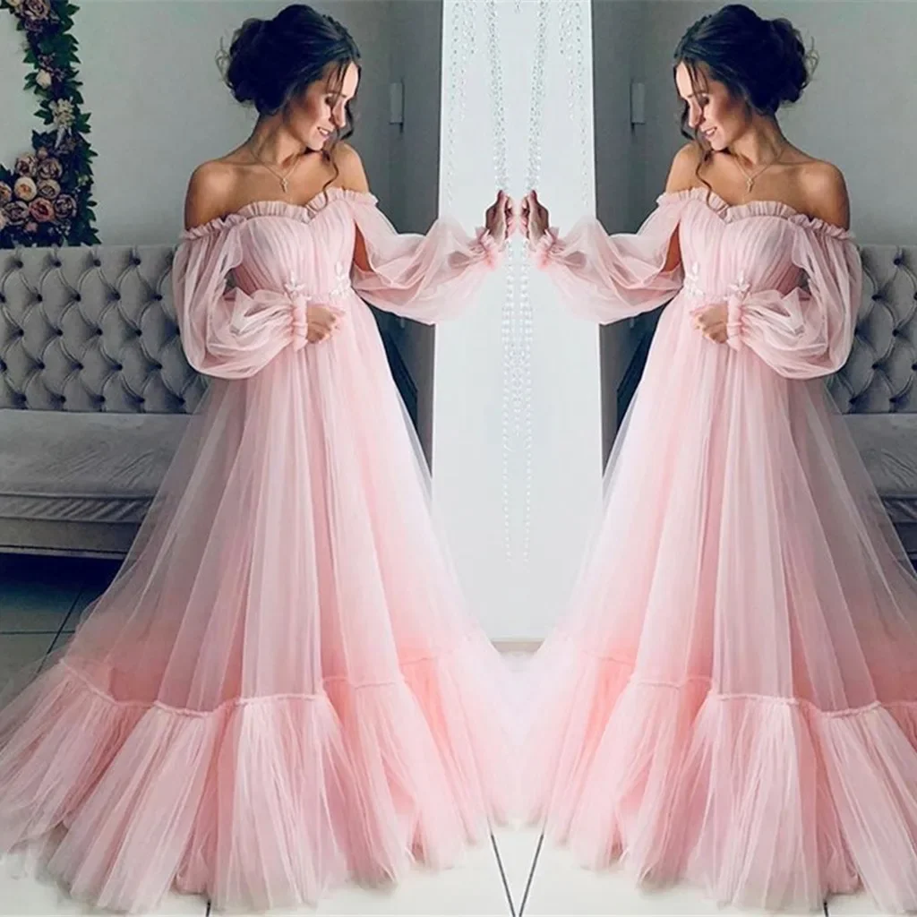 Vestido de noche de manga larga con dobladillo grande para mujer, vestido de princesa con volantes de malla de lujo, vestido largo elegante sin hombros para banquete, vestido de fiesta sólido