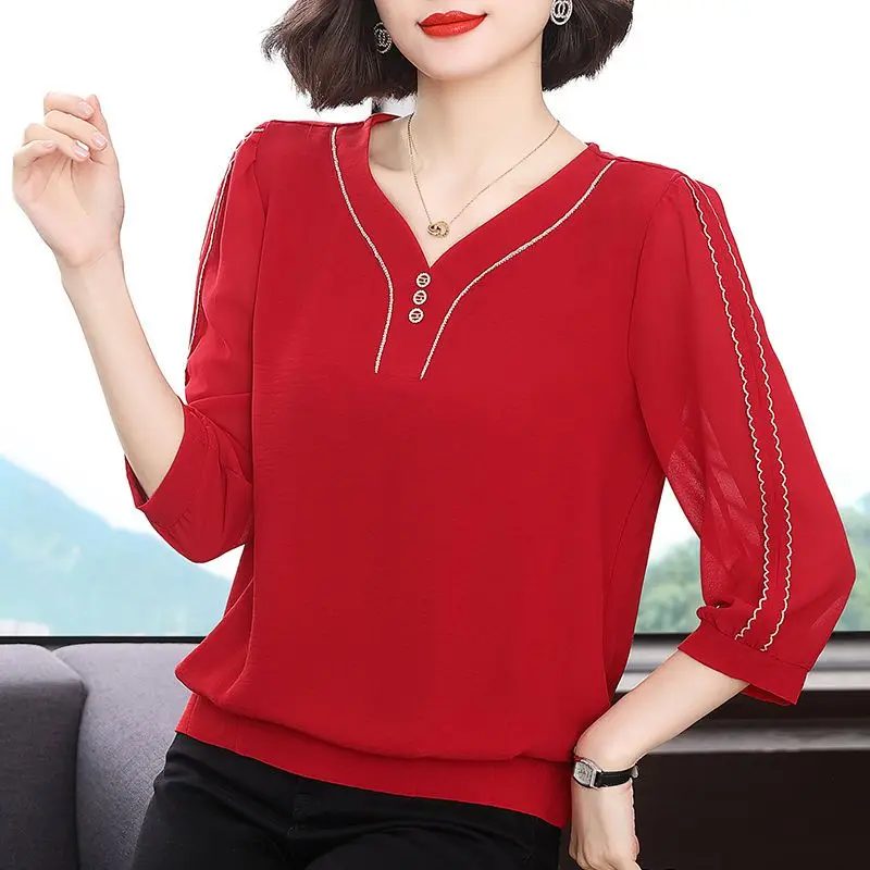 Elegant Casual V-Neck 3/4 Sleeve Chiffon Shirt Summer Women\'s Clothing Simplicity Loose Fashionable Solid Color Button Blouse