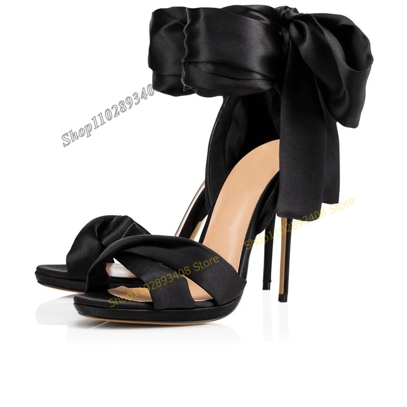 

Black Satin Butterfly Knot Sandals Cross Tied Peep Toe Stilettos High Heel Women Shoes 2023 Fashion Sexy Zapatos Para Mujere