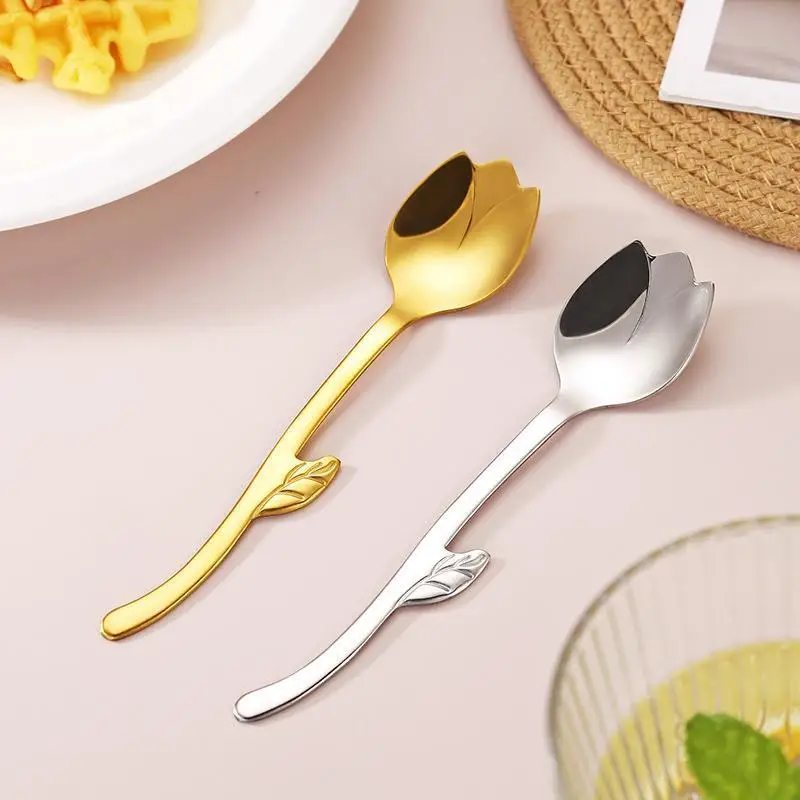Creative Stainless Steel Leaves Spoon Fruit Fork Coffee Dessert Ice Cream Scoop Kitchen Tableware