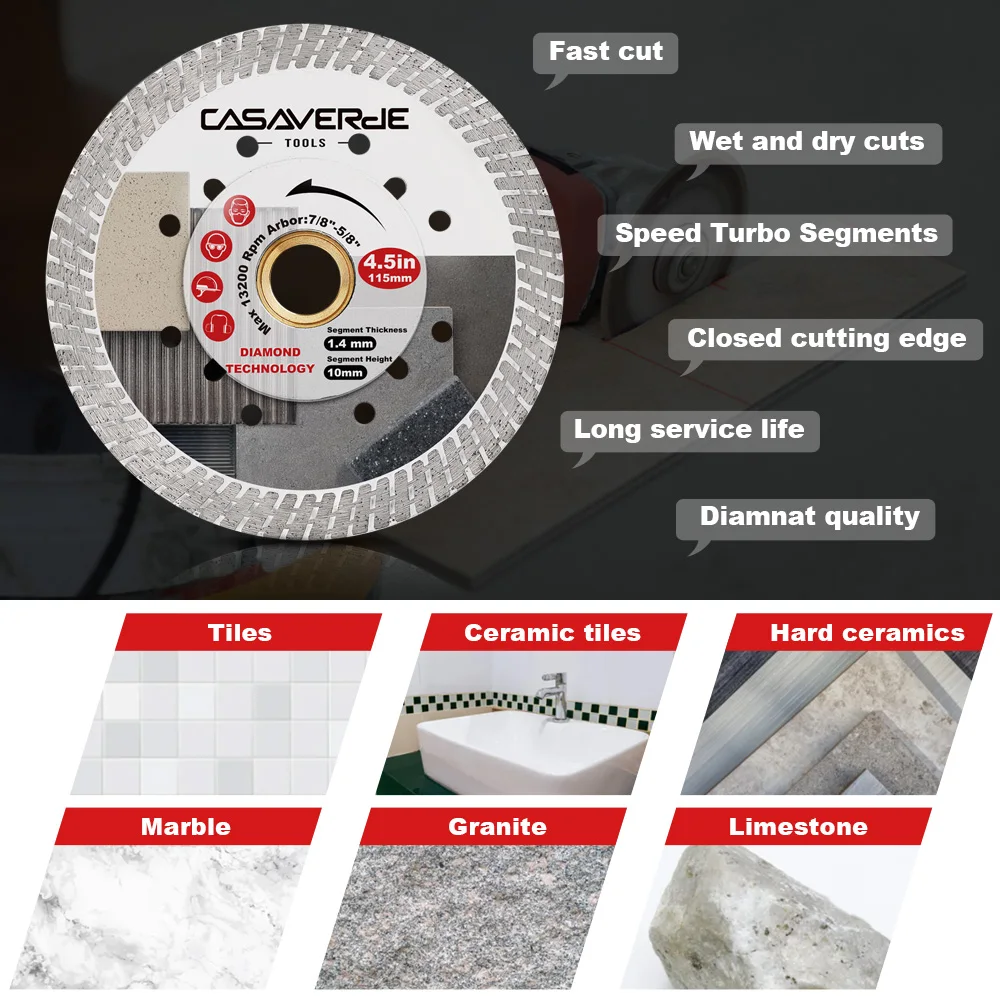 Casaverde 105-230mm Super Thin Porcelain Diamond Discs Turbo Blade Cutting for Granite Marble Hard Tile Ceramic Porcelain