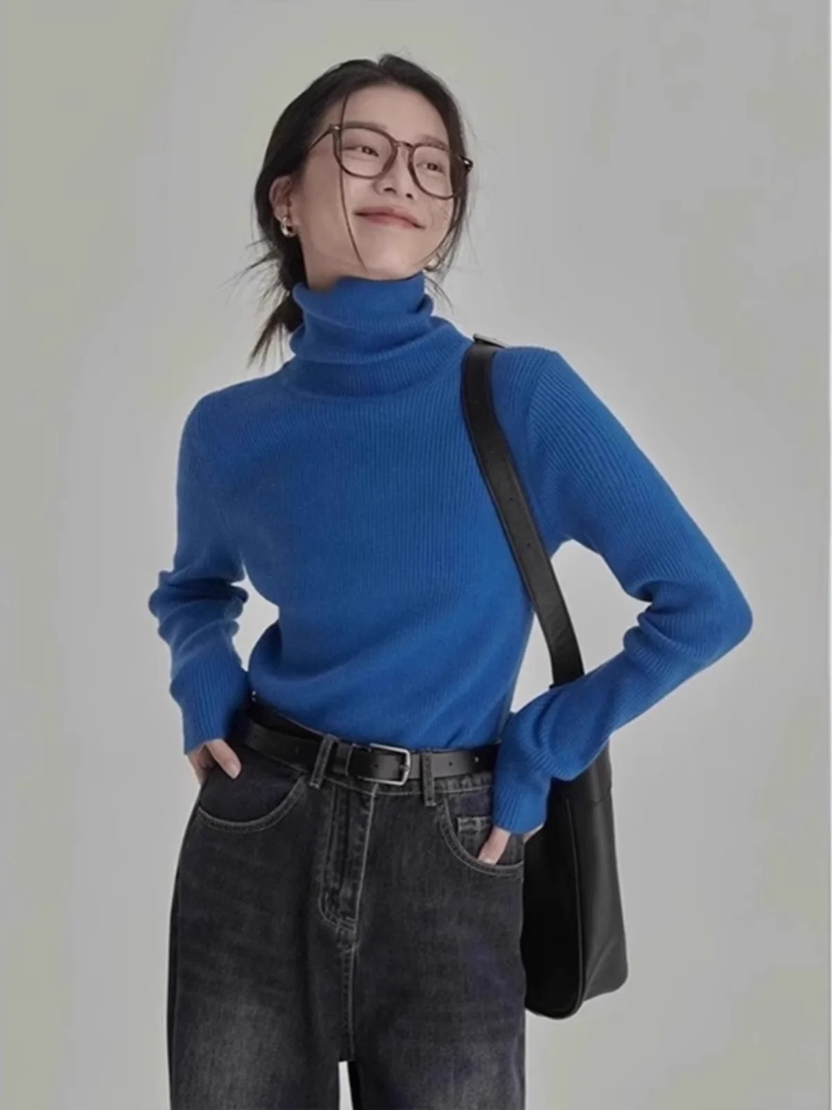 

Slim Fit High Collar Knitted Top Women's Inner Wear Base irt Fake Wool Autumn Winter Faion Commute Sle Long Sve