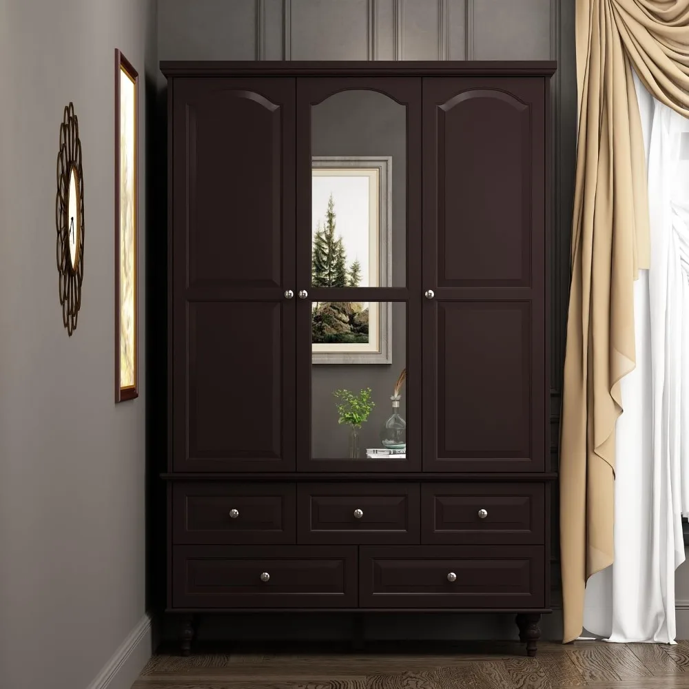 

3 Doors Bedroom Closet, Wood Armoire with Mirror, Clothes Hanging Rail, 4 Storage Shelves and 5 Drawers, 47" Wide Bedroom Storag