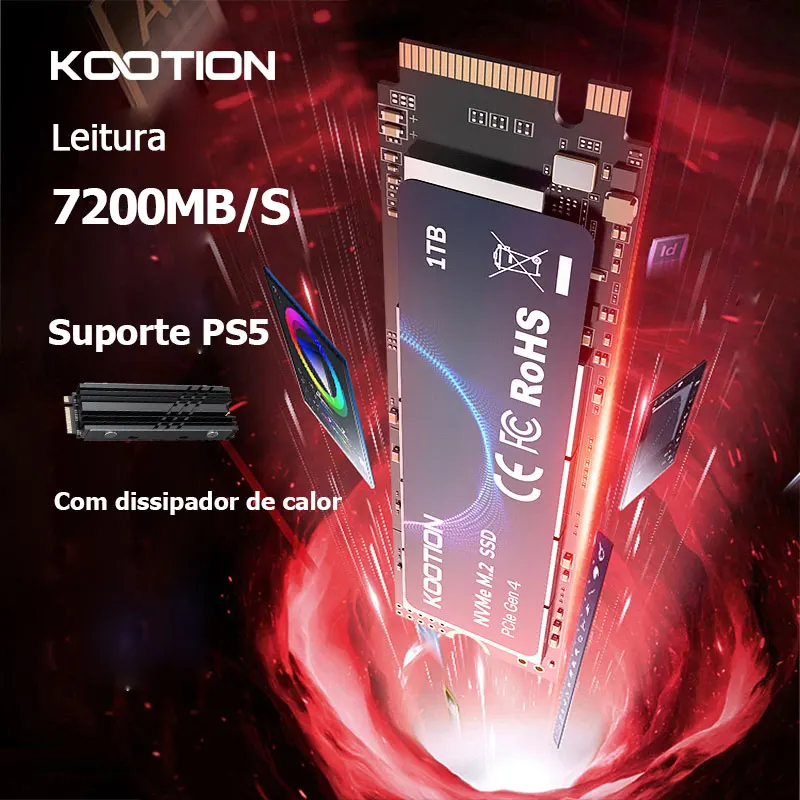 KOOTION M2 NVMe SSD 1TB Gen4 7200MB/s PCIe4.0x4 M.2 NVMe SSD Drive with Heat Sink Internal Solid State Drive For PS5 Laptop PC