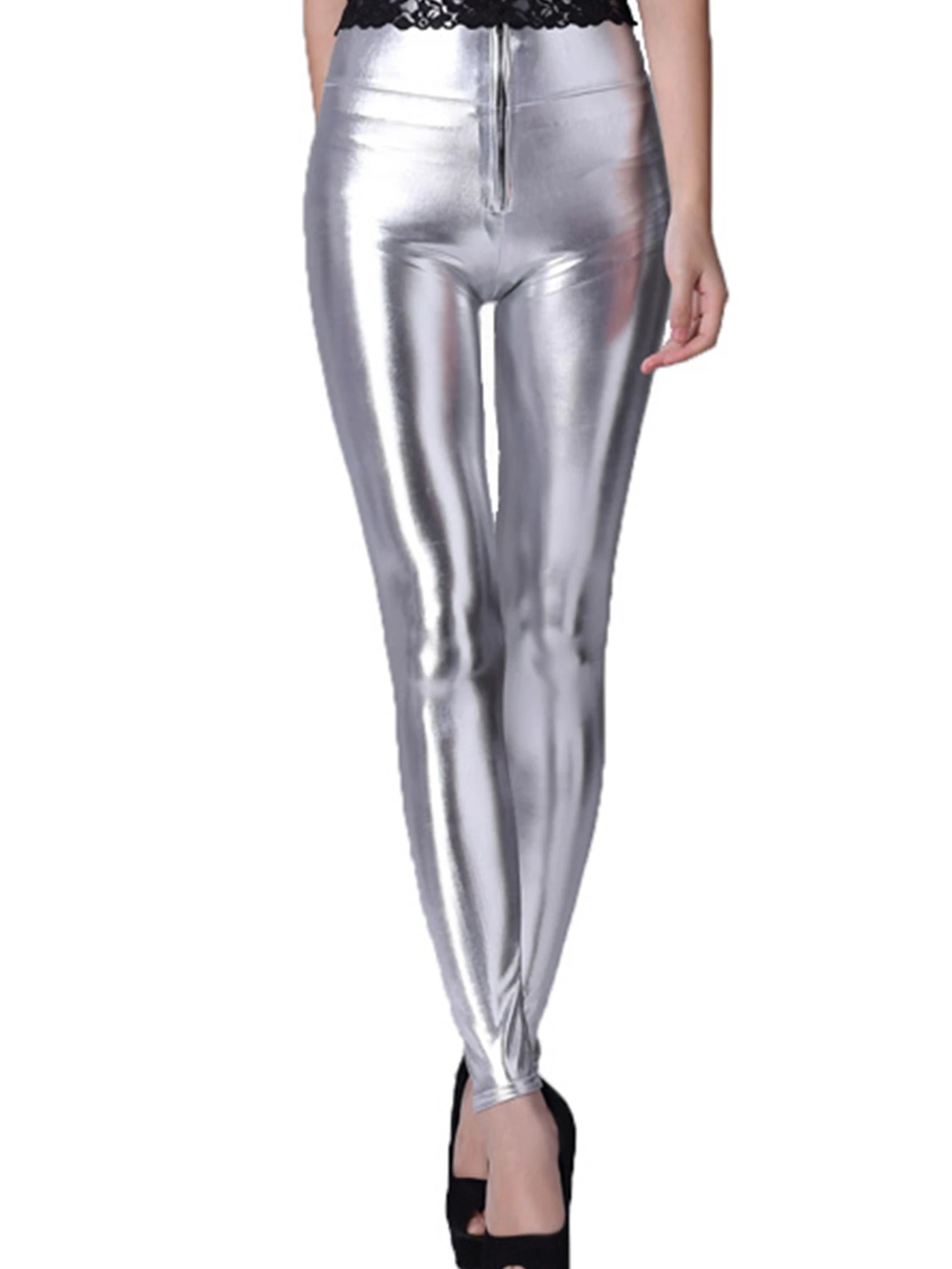 Silver PU Imitation Leather Nine-point Pants Women\'s High-waisted Zipper Leggings European Style Sexy Hip Nine-point Pants