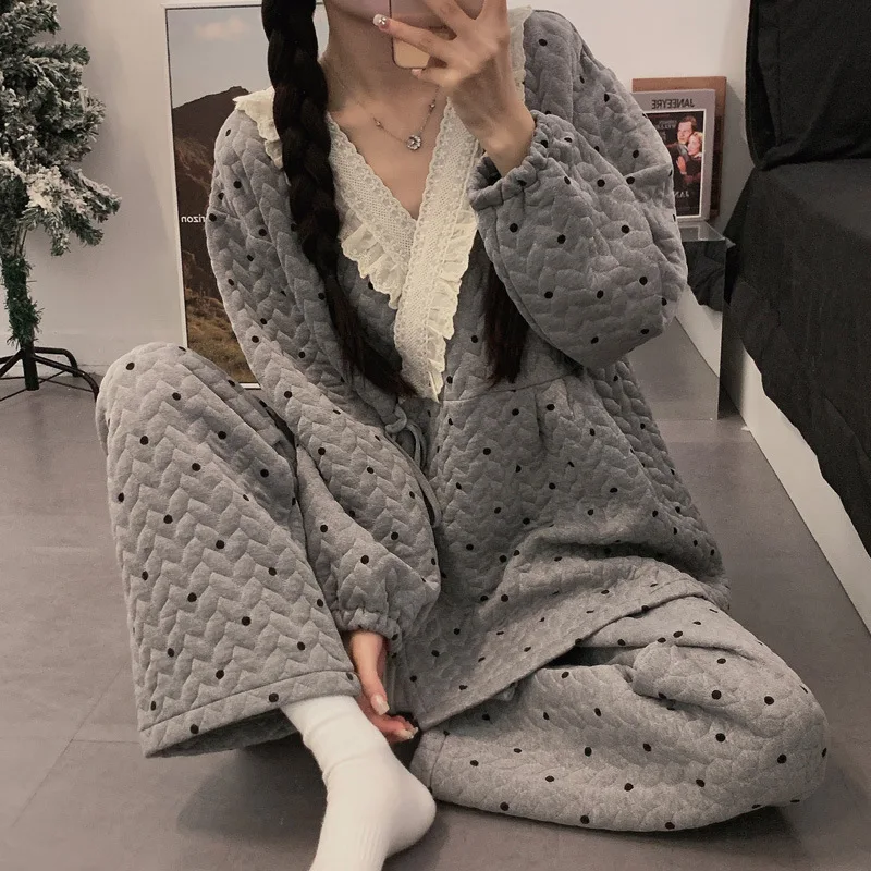 

Женские пижамы, новая модель, осенне-зимняя теплая удобная одежда для сна, хлопковый пижамный комплект, домашняя одежда на утолщенной флисовой подкладке