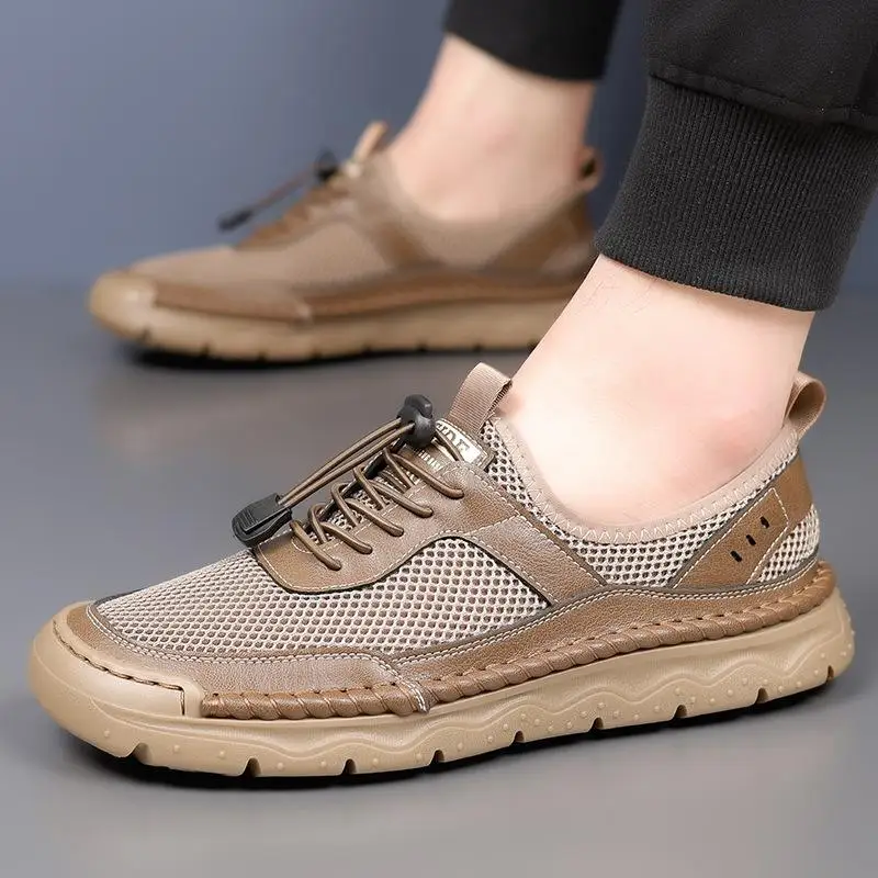 

2025 Spring Summer Mens Shoes Flat Breathable Mesh Shoes Brand Male Footwear Black White Brown D481
