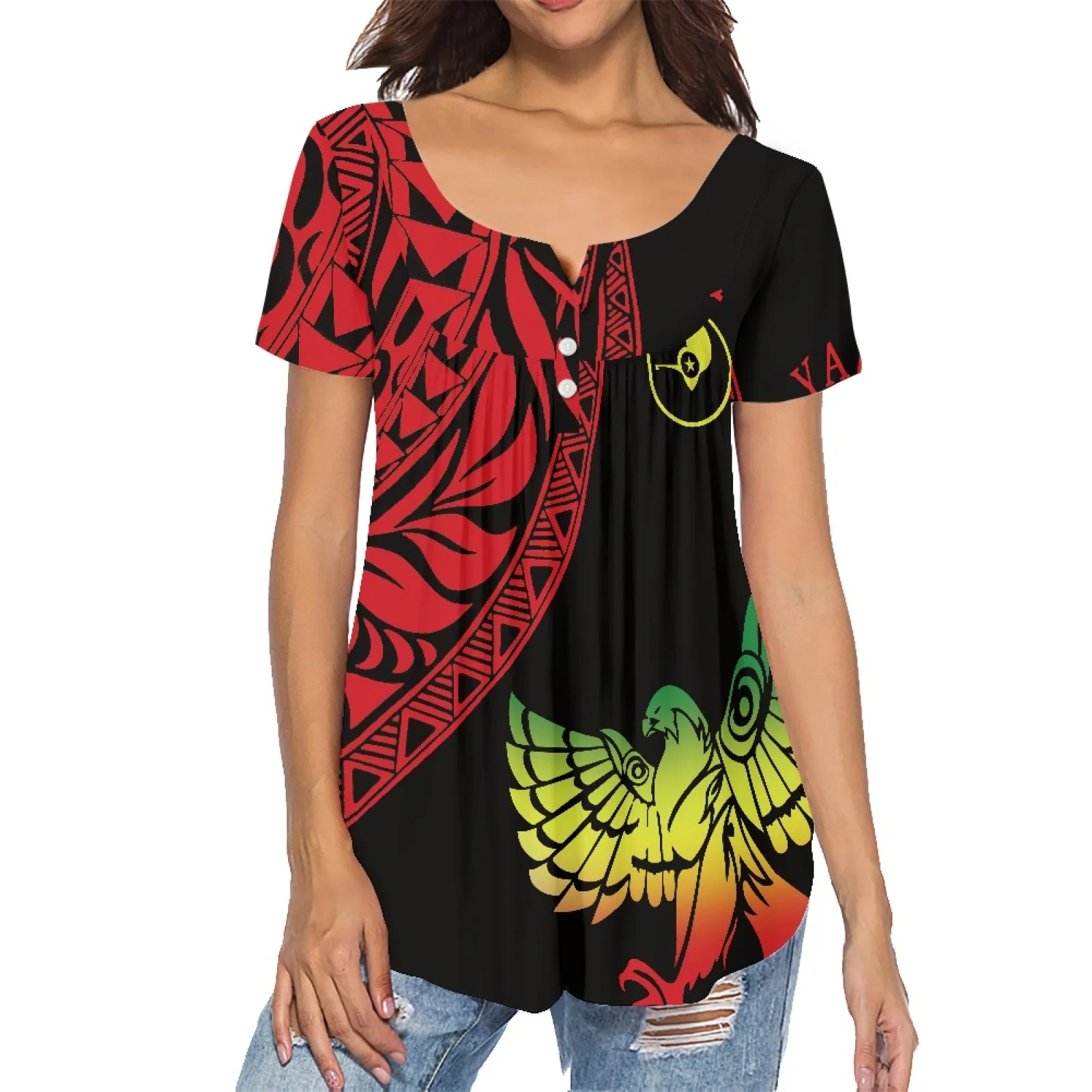 Custom Chiffon Top Low Neck Pleated T-shirt Summer Women Samoan Ethnic Print Leisure Fashion Travel Home Wear 2022 New Fashion