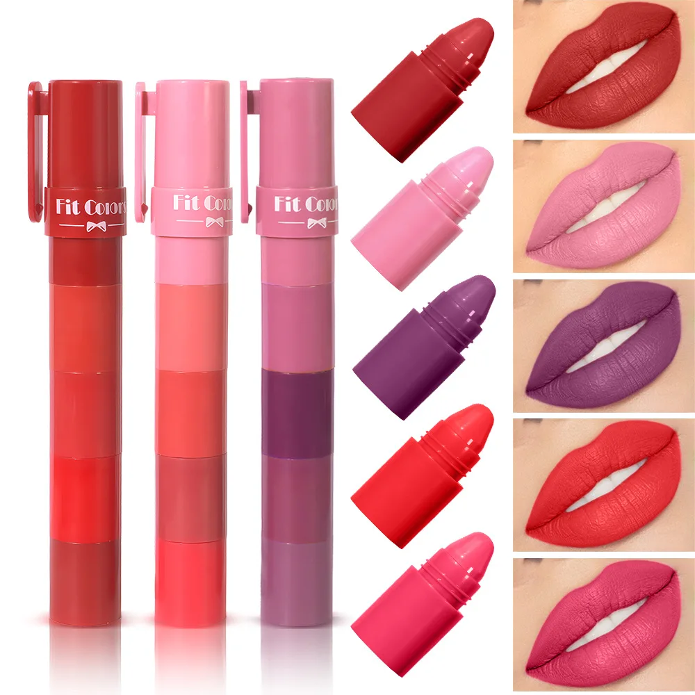 Kit de lápiz labial mate 5 en 1, Combo de tinte de labios rojo y morado, lápiz labial multicolor Sexy de terciopelo, taza antiadherente, maquillaje de labios duradero