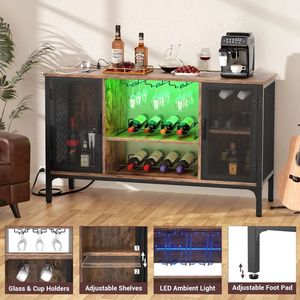 Wine Bar Cabinet with Led Lights and Power Outlets, Bar Cabinet for Liquor and Glasses,Farmhouse Bar Cabinet, Rustic Brown