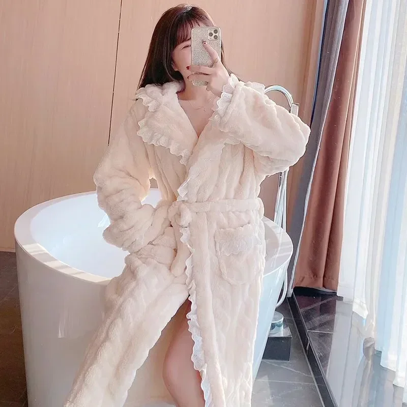 Belt Women Robe Nightdress For Pajama Warm Nightgown Wear Long Homewear Sleeve Night Lace Winter Sleepwear Japanese Solid Fleece