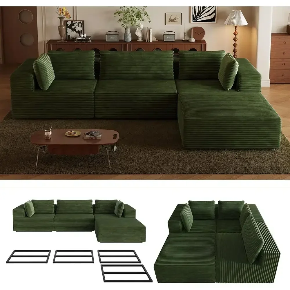 4-Piece L-Shaped Cloud Sofa with Chaise, Sturdy Metal Frame, 5 Pillows, Deep Seat Corduroy Couch (Green)