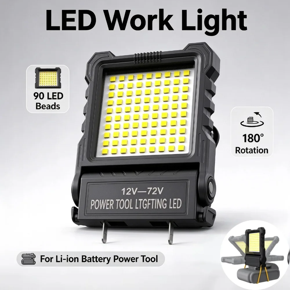 LED Work Light Long-Lasting Super Bright Lamp 12V-72V Adjustable Sliding Pins Lamp For Power Tool Battery Repair Lighting