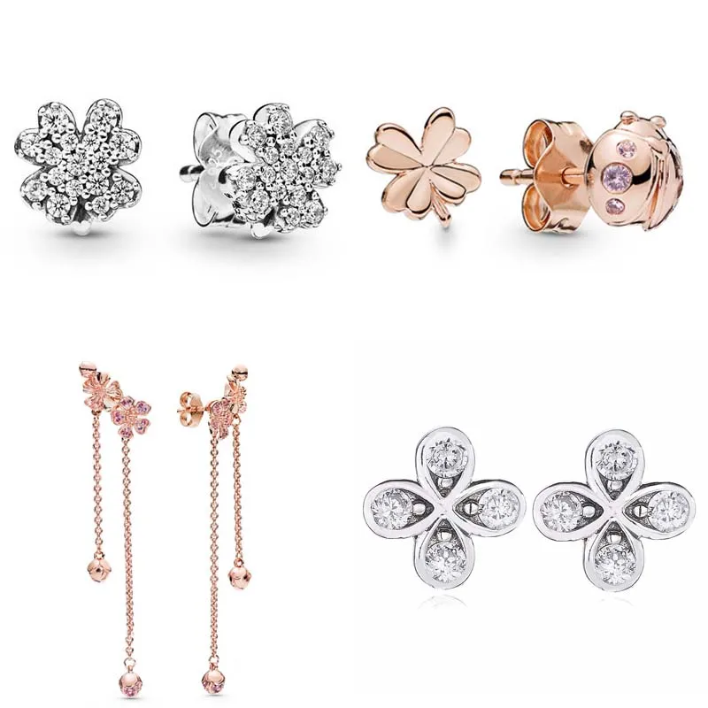 Nieuwe 925 Sterling Zilveren Oorbel Good Lucky Klaver Bloem Rose Vier-Blad Klaver En Lieveheersbeestje Oorbel Voor Vrouwen Mode Sieraden