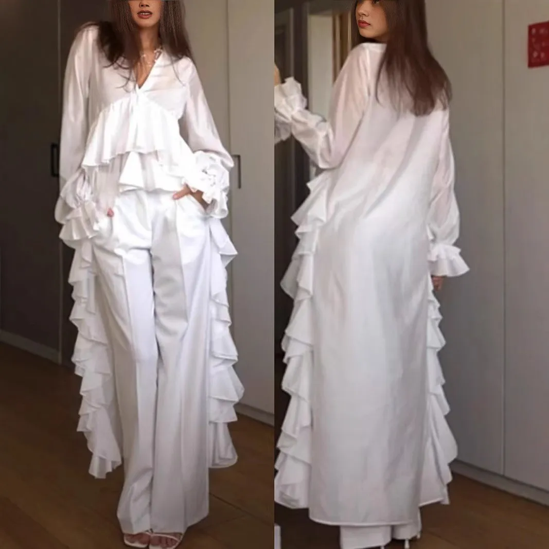 

Women Blouse Long Sleeve Solid Color White Blouses V Neck Lace Trim Sweet Fresh Shirt Asymmetrical Hem Flowing Silhouette Top