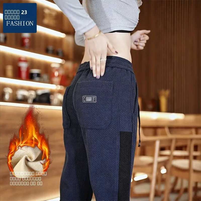 

High-End Men's Fce-Lined Thi Casual Pants Elastic Waist Cuffed Long Trousers Winter Resistant Wind Busin Casual Sle