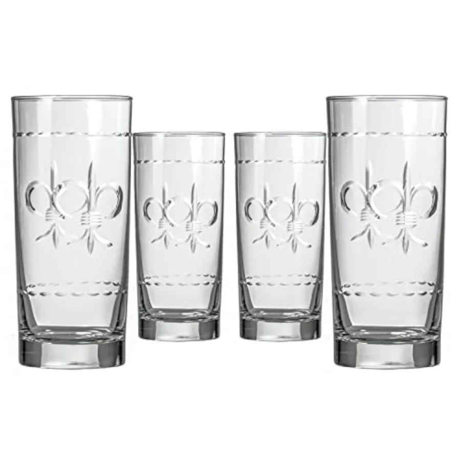 

Fleur De Lis Highball Glass 15 ounce - Set of 4 Cooler Glasses - Lead-Free Etched Drinking Glass with Heavy Base - Proudly Made