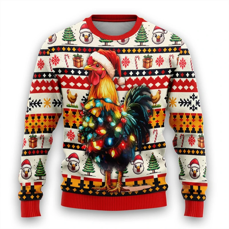 Women's Ugly Chicken Christmas Sweatshirt Funny Rooster Pattern Sweatshirt Casual Unisex Pullover Long Sleeve Top Children's