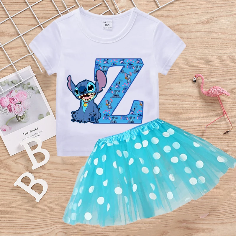 Conjunto de falda y camiseta de punto de Disney para niñas, camisetas de A-Z con letras de Anime, faldas de hilo, ropa de verano para niños, regalo de manga corta, gran oferta