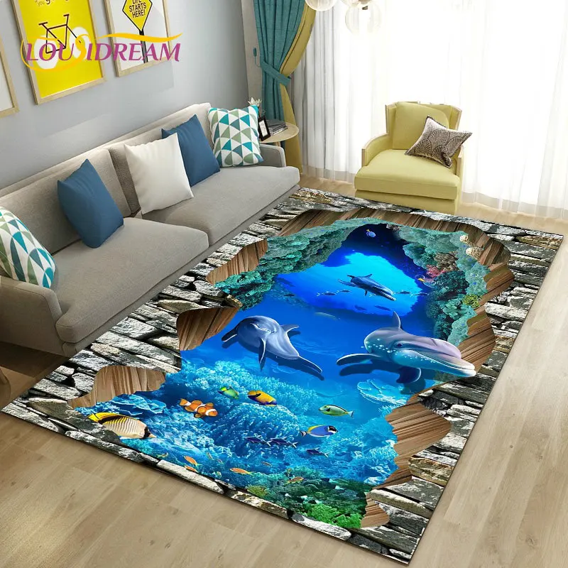 ثلاثية الأبعاد الوهم تحت الماء العالم قاع البحر دولفين القرش منطقة البساط ، السجاد البساط لغرفة المعيشة غرفة نوم أريكة ممسحة عدم الانزلاق الكلمة حصيرة