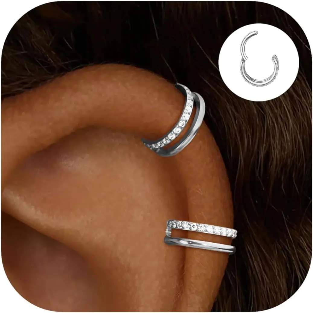 

Double Hoop Cartilage Earrings with Cubic Zirconia Small Helix Conch Piercing Set 14K Gold Plated Stainless Steel