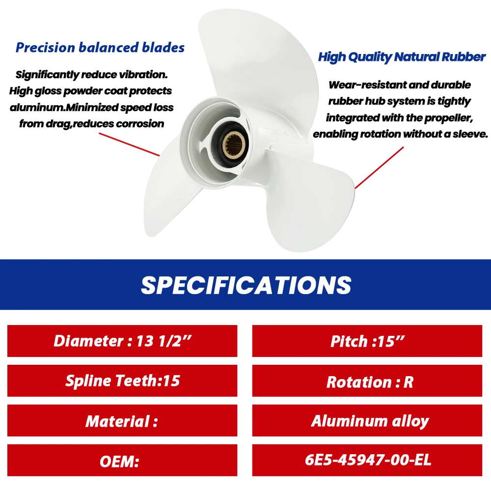 For Yamaha Outboard Propeller 13 1/2 x 15 Fits 50-130 HP Boat Motors Aluminum Alloy Screw 3 Blade 15 Spline 6E5-45947-00-EL