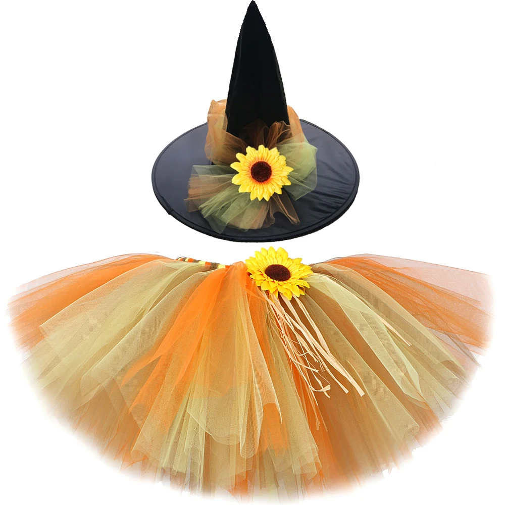 Fall Sunflower Tutu Skirt for Girls Thanksgiving Outfit Kids Scarecrow Halloween Costumes with Witch Hat Children Fluffy Tutus