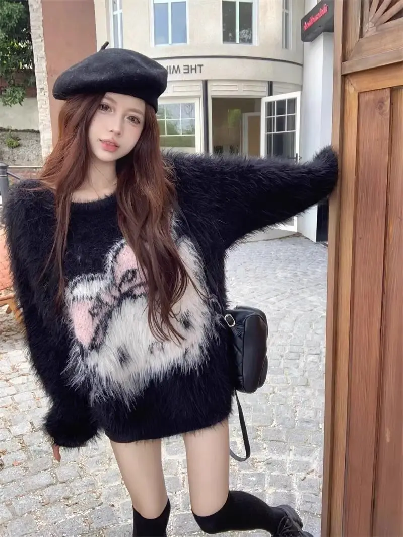 Hot Cute Hello Kitty Knitted Pink Pullovers Women'S Autumn And Winter Sweet Loose Sweaters Jacquard Imitation Mink Soft Tops