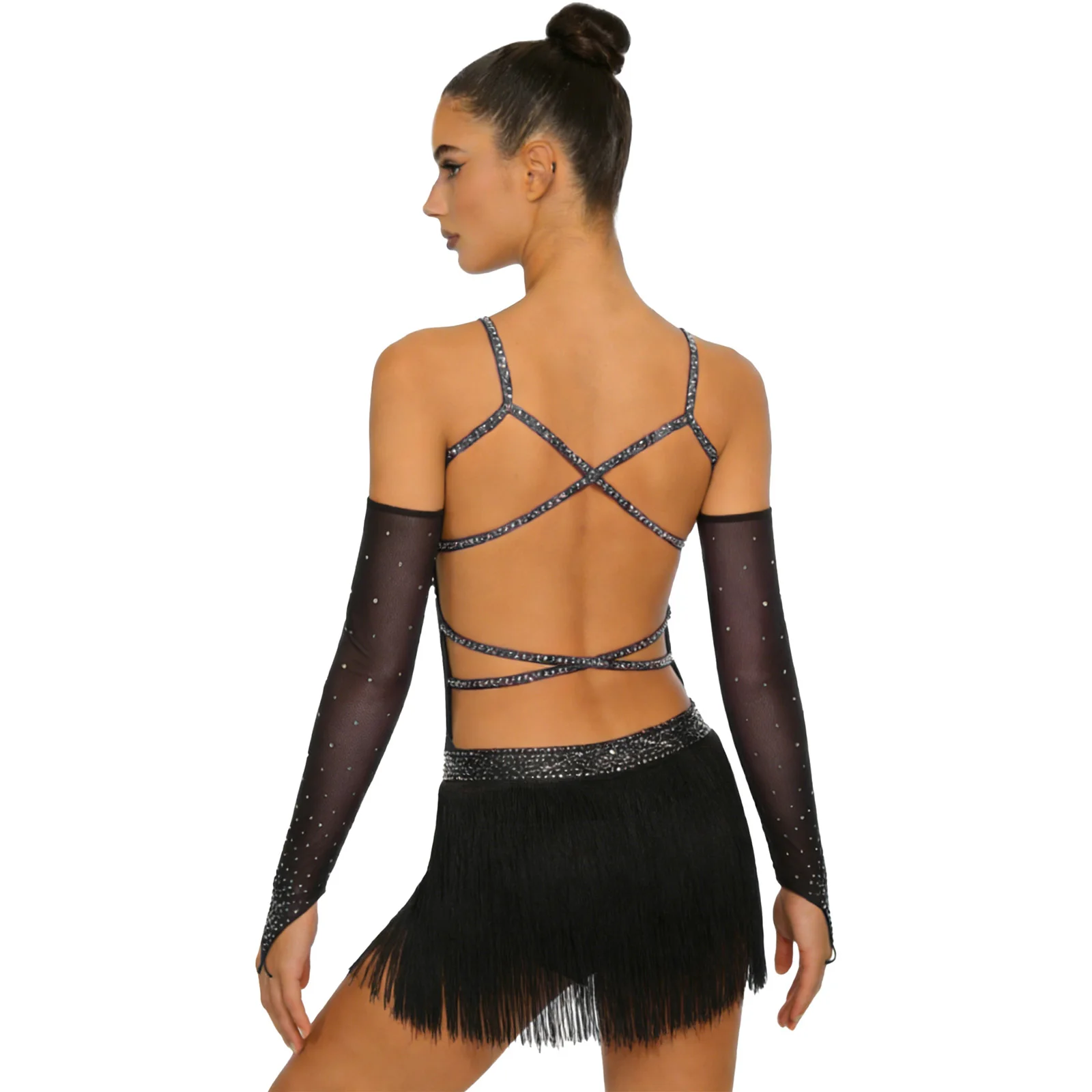 

Женское танцевальное платье с бахромой для латиноамериканских и джазовых танцев, бальных танцев, танго, самбы, сальсы, с открытыми спиной, на бретелях, со стразами и сетчатыми рукавами