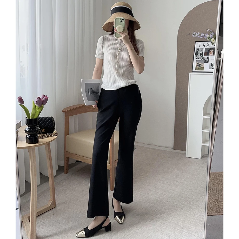 Confortable taille haute jambe droite Micro évasé minceur quatre voies Stretch pantalons décontractés femmes 2 couleurs printemps taille haute