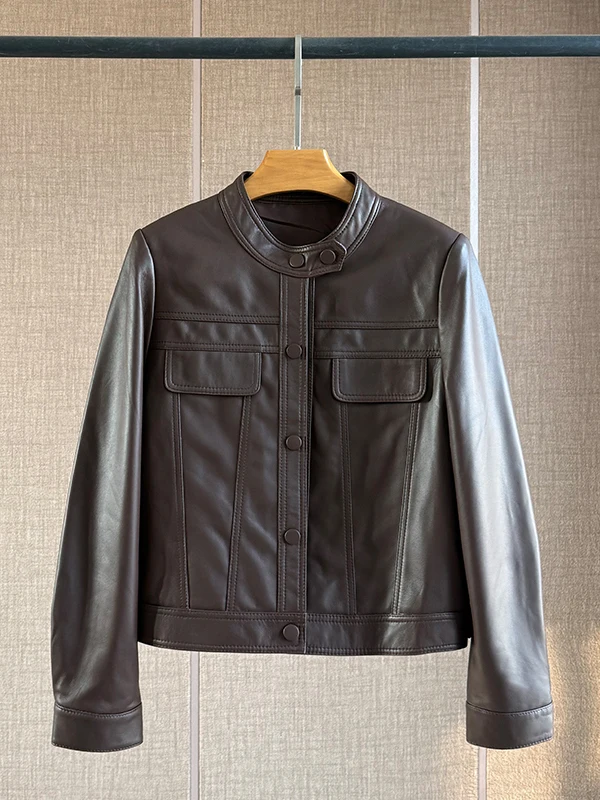   Ning 2025 Herbst Neue Sle Damen ort Motorrad Jaet eep Leder Stehkragen Mantel Faionable Oberbekleidung