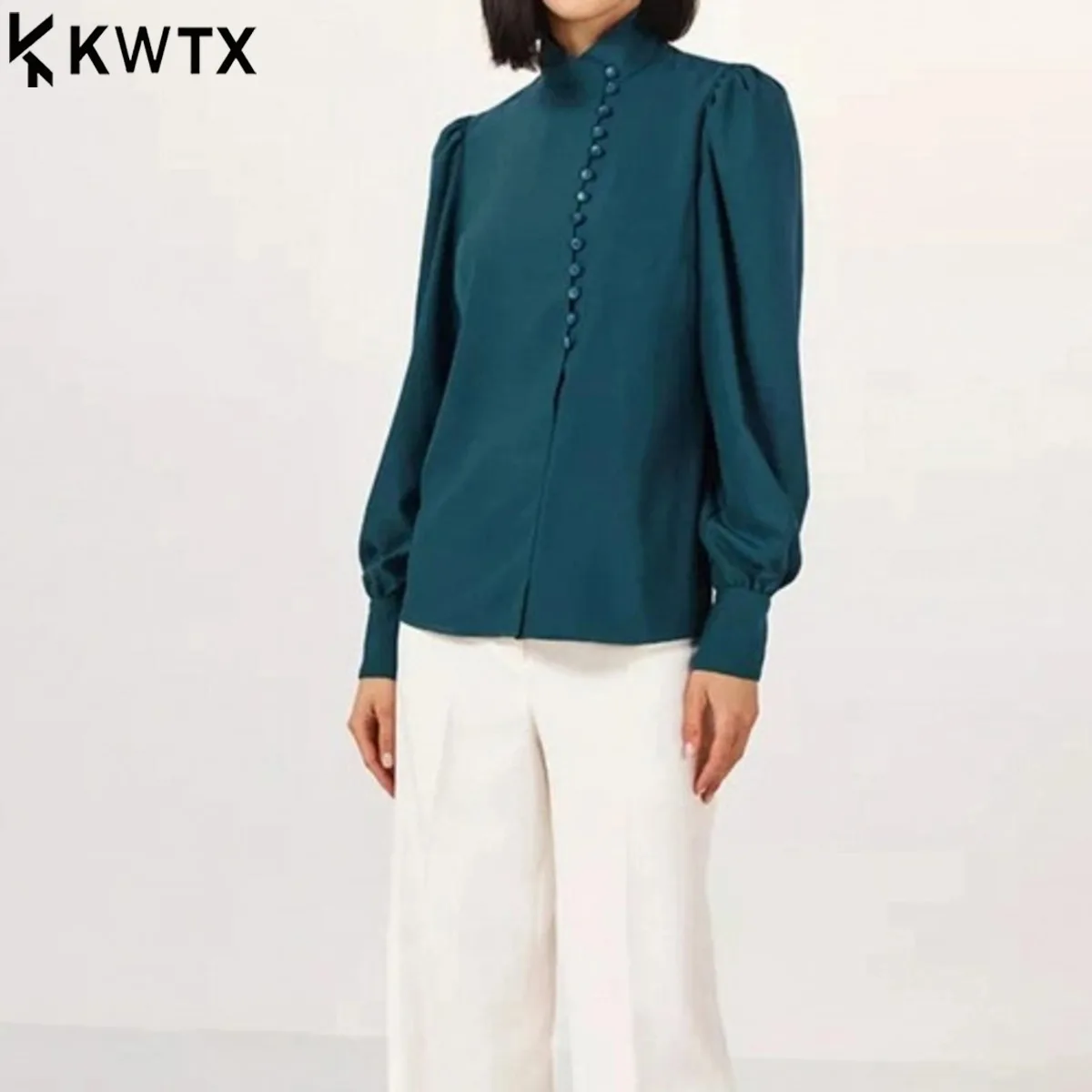 

KT Women's 2026 New Elegant Mock Neck Blouse Teal Green Puff Long Sleeve Button-Down Satin Top for Office Party Casual DailyWear