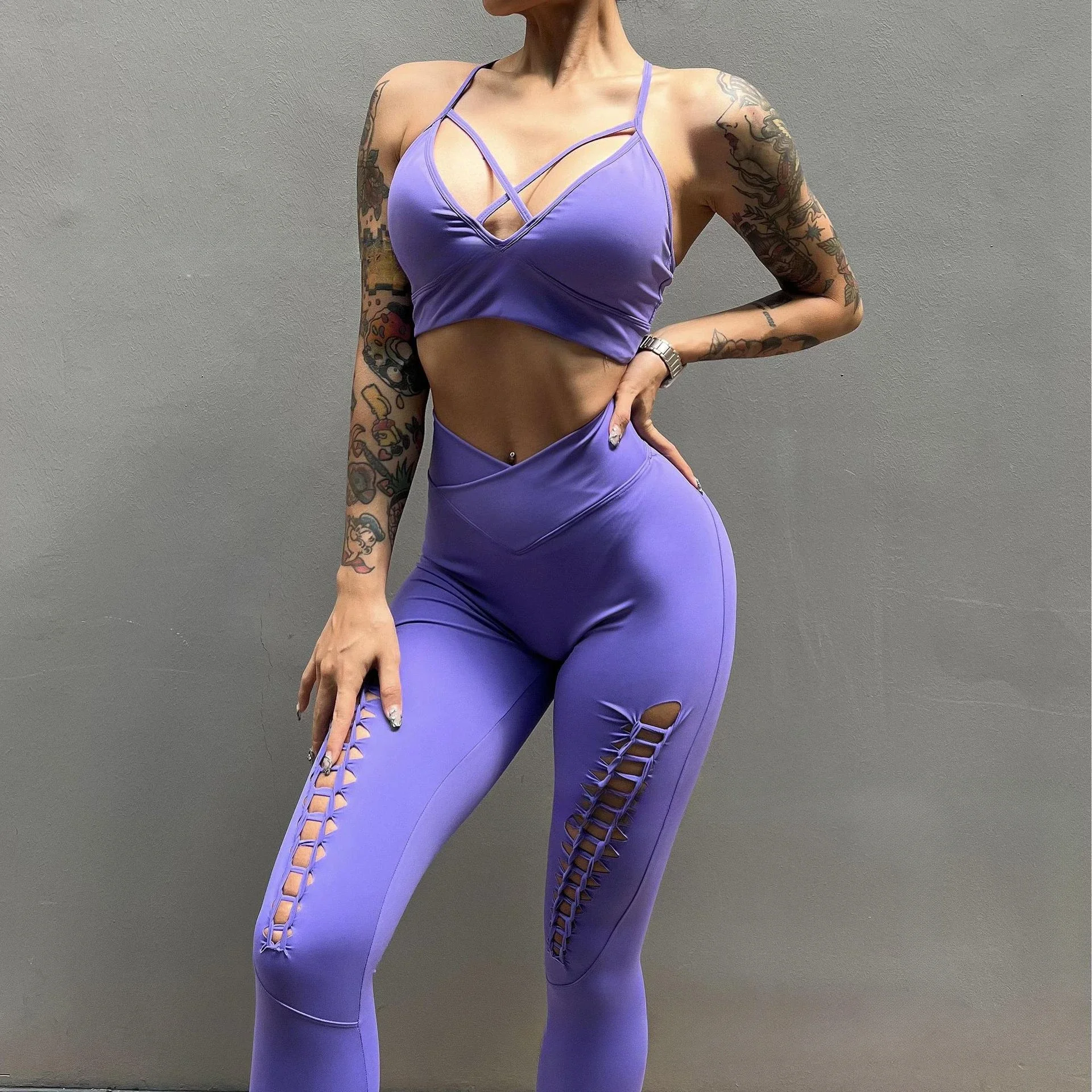 Ginásio sexy roupas esportivas de fitness v profundo sutiã sexy roupa interior feminina cintura alta apertado hip lift yoga calças ocas